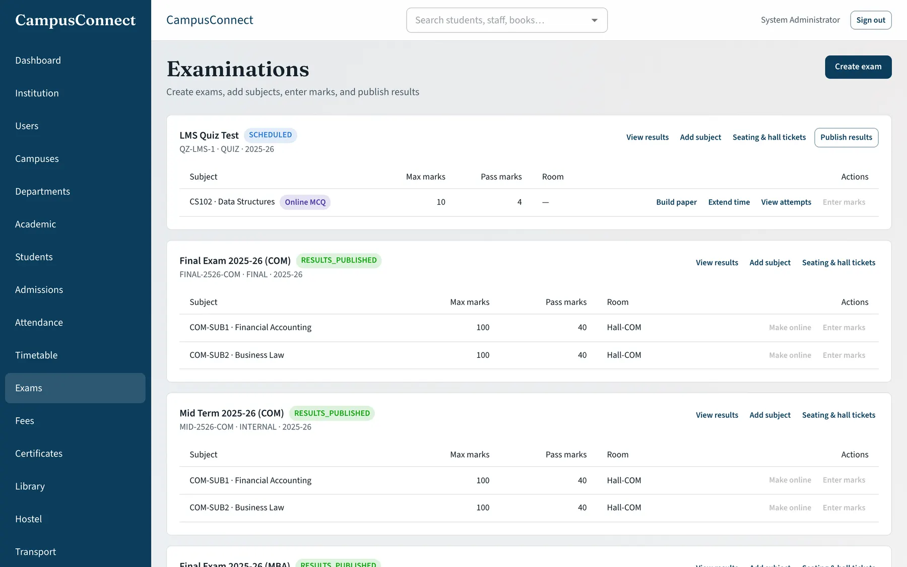 CampusConnect examinations list with scheduled and published exams and subjects