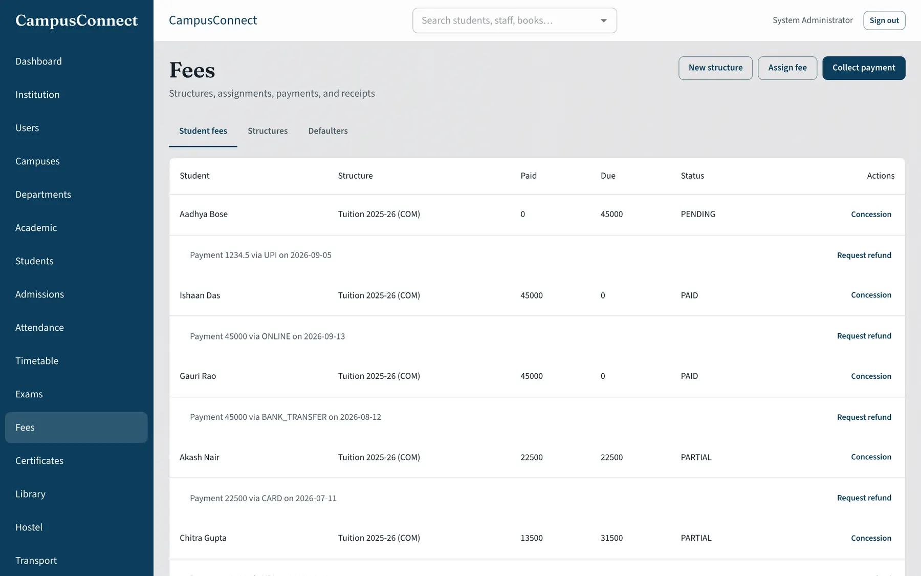 CampusConnect fees screen listing student fee status as paid, partial or pending