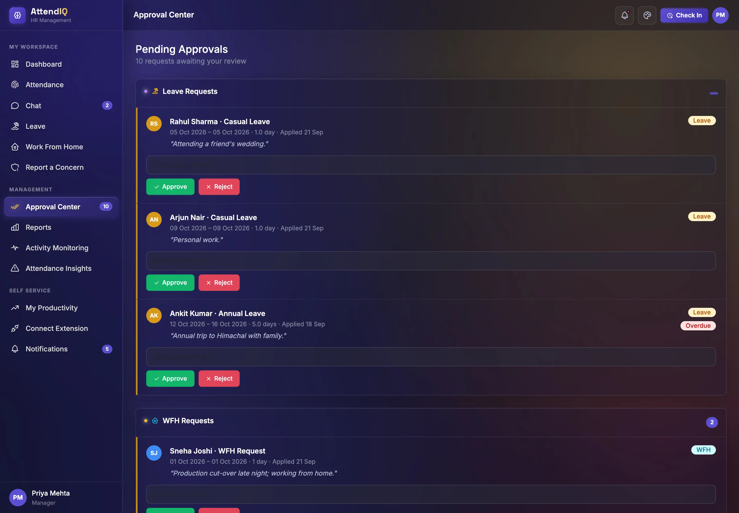 AttendIQ Approval Center listing leave and WFH requests with approve and reject buttons