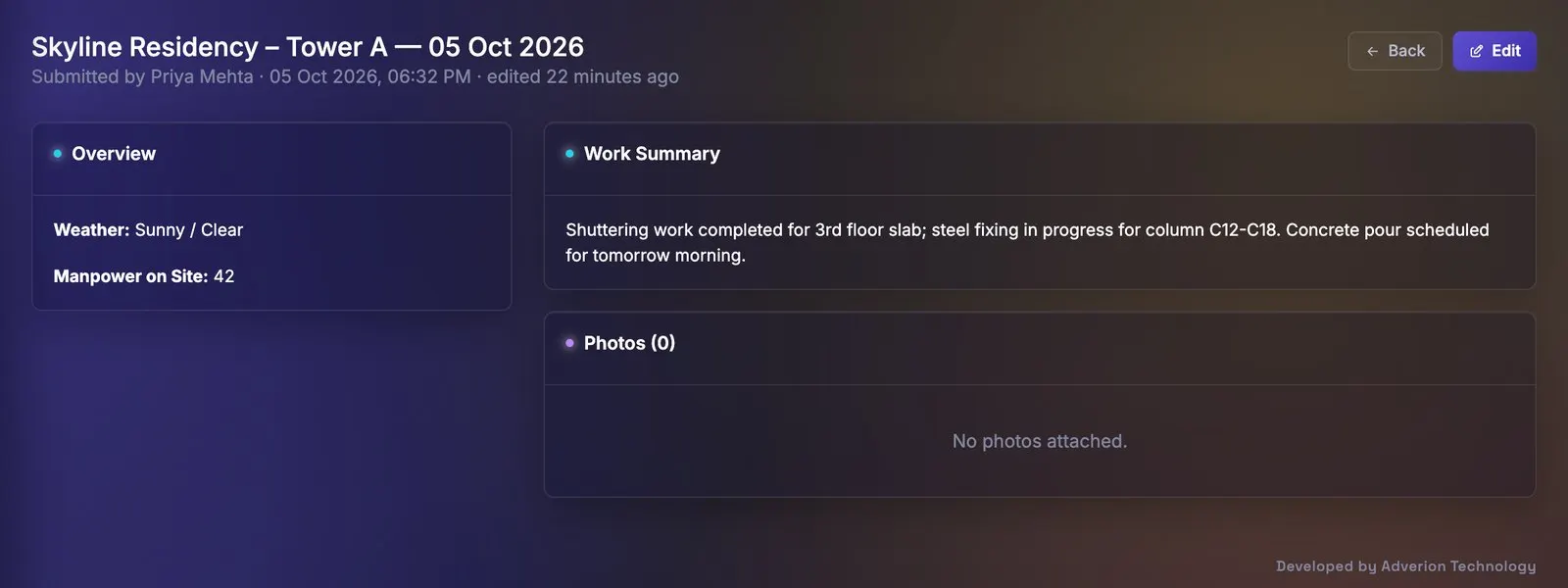 Daily progress report with weather, manpower on site and a work summary